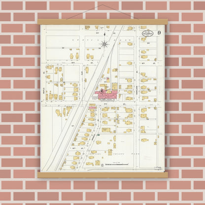 Old map wall art mockup — magnetic wood frame on brick wall — Sanborn Fire Insurance Map from Columbus, Bartholomew County, Indiana (1906), Sheet #0009