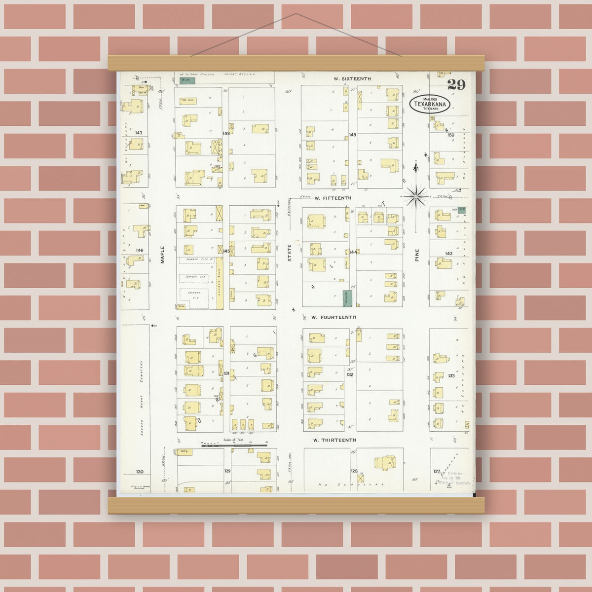 Old map wall art mockup — magnetic wood frame on brick wall — Sanborn Fire Insurance Map from Texarkana, Bowie County, Texas (1909), Sheet #0029