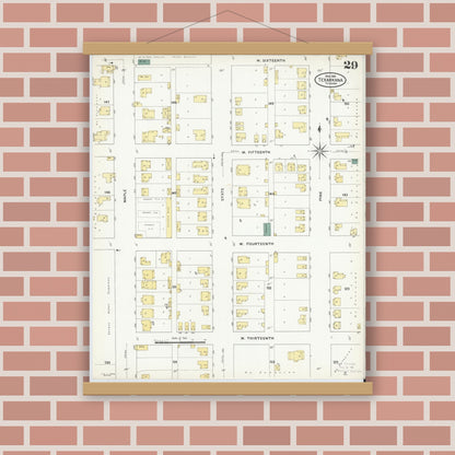 Old map wall art mockup — magnetic wood frame on brick wall — Sanborn Fire Insurance Map from Texarkana, Bowie County, Texas (1909), Sheet #0029