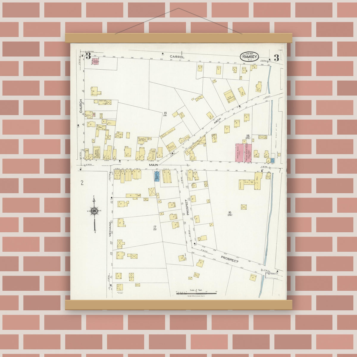 Old map wall art mockup — magnetic wood frame on brick wall — Sanborn Fire Insurance Map from Ramsey, Bergen County, New Jersey (1924), Sheet #0003
