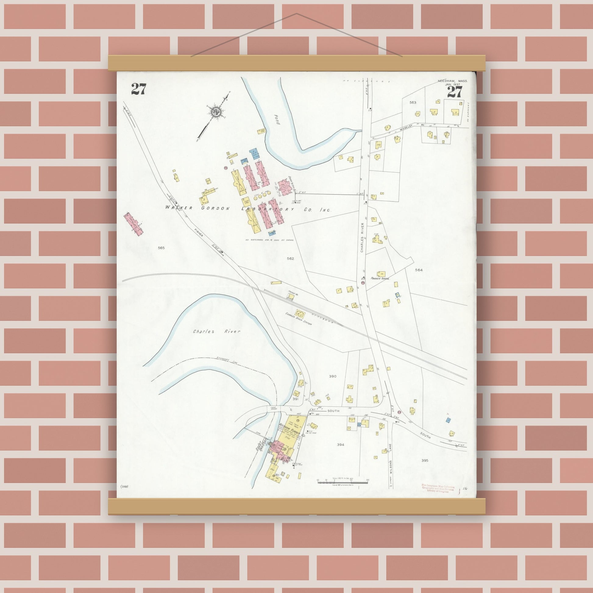 Old map wall art mockup — magnetic wood frame on brick wall — Sanborn Fire Insurance Map from Needham, Norfolk County, Massachusetts (1937), Sheet #0027