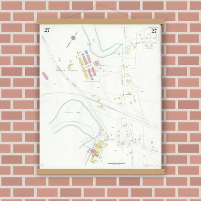 Old map wall art mockup — magnetic wood frame on brick wall — Sanborn Fire Insurance Map from Needham, Norfolk County, Massachusetts (1937), Sheet #0027