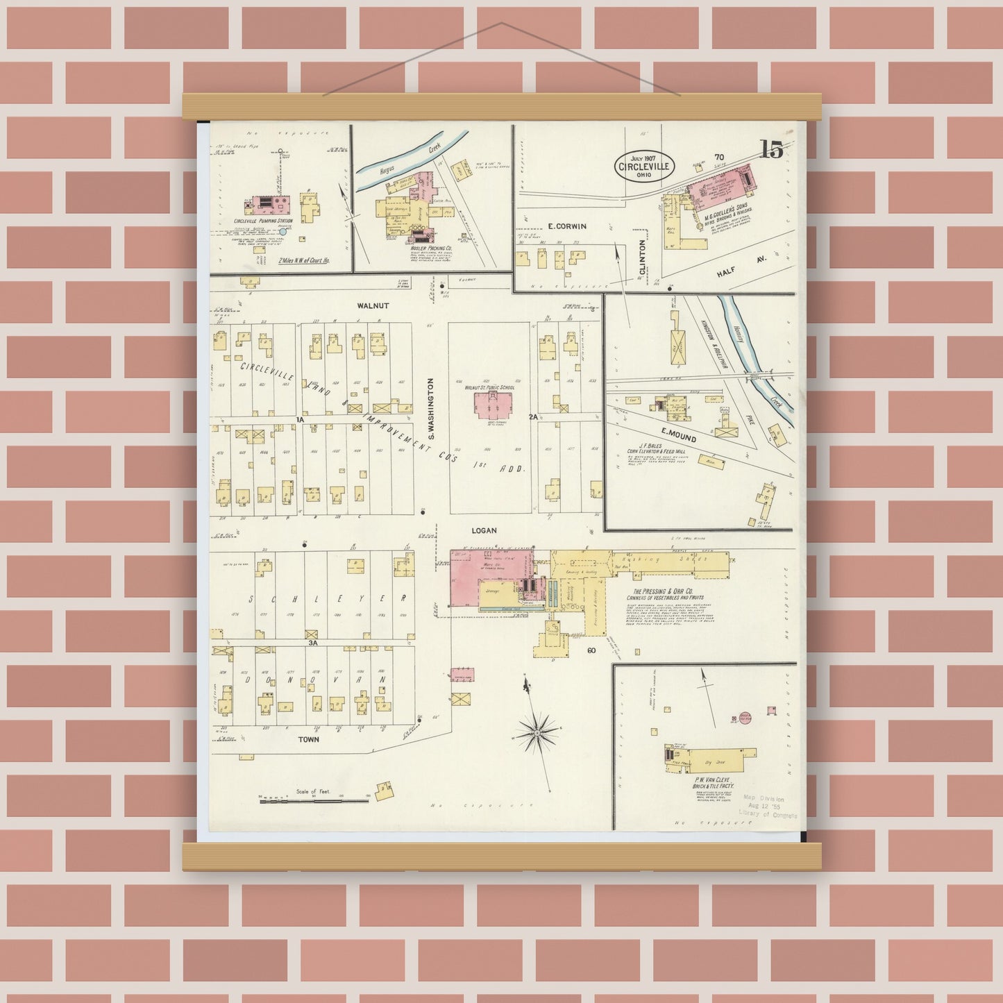 Old map wall art mockup — magnetic wood frame on brick wall — Sanborn Fire Insurance Map from Circleville, Pickaway County, Ohio (1907), Sheet #0015