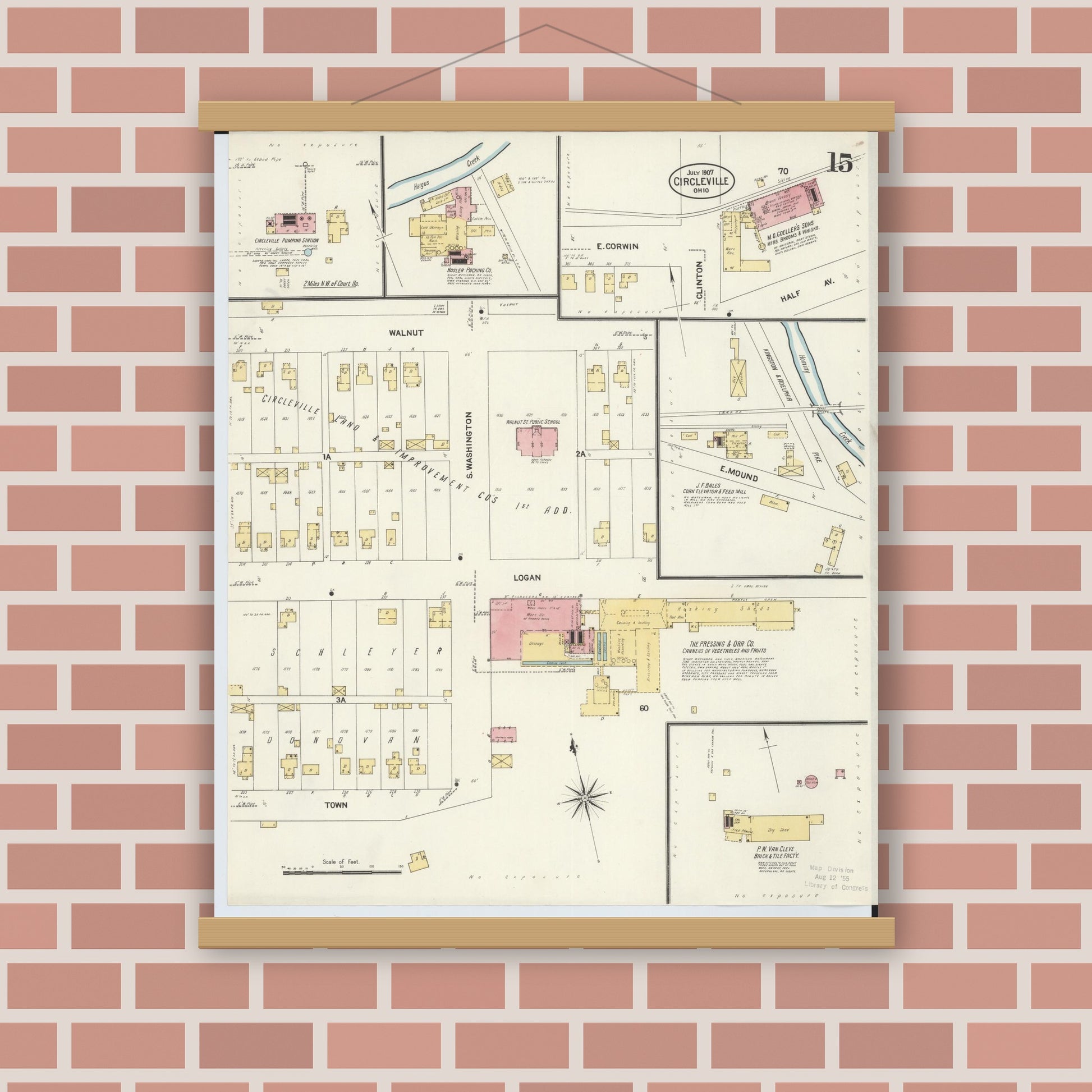 Old map wall art mockup — magnetic wood frame on brick wall — Sanborn Fire Insurance Map from Circleville, Pickaway County, Ohio (1907), Sheet #0015