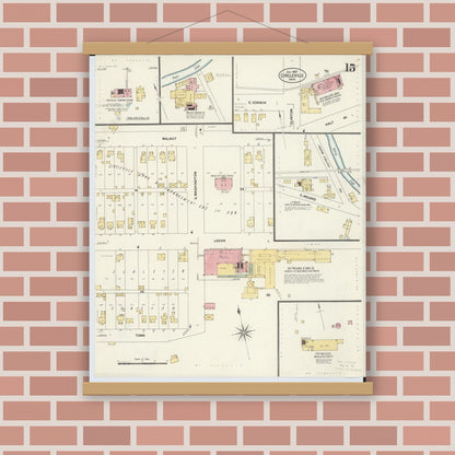 Old map wall art mockup — magnetic wood frame on brick wall — Sanborn Fire Insurance Map from Circleville, Pickaway County, Ohio (1907), Sheet #0015