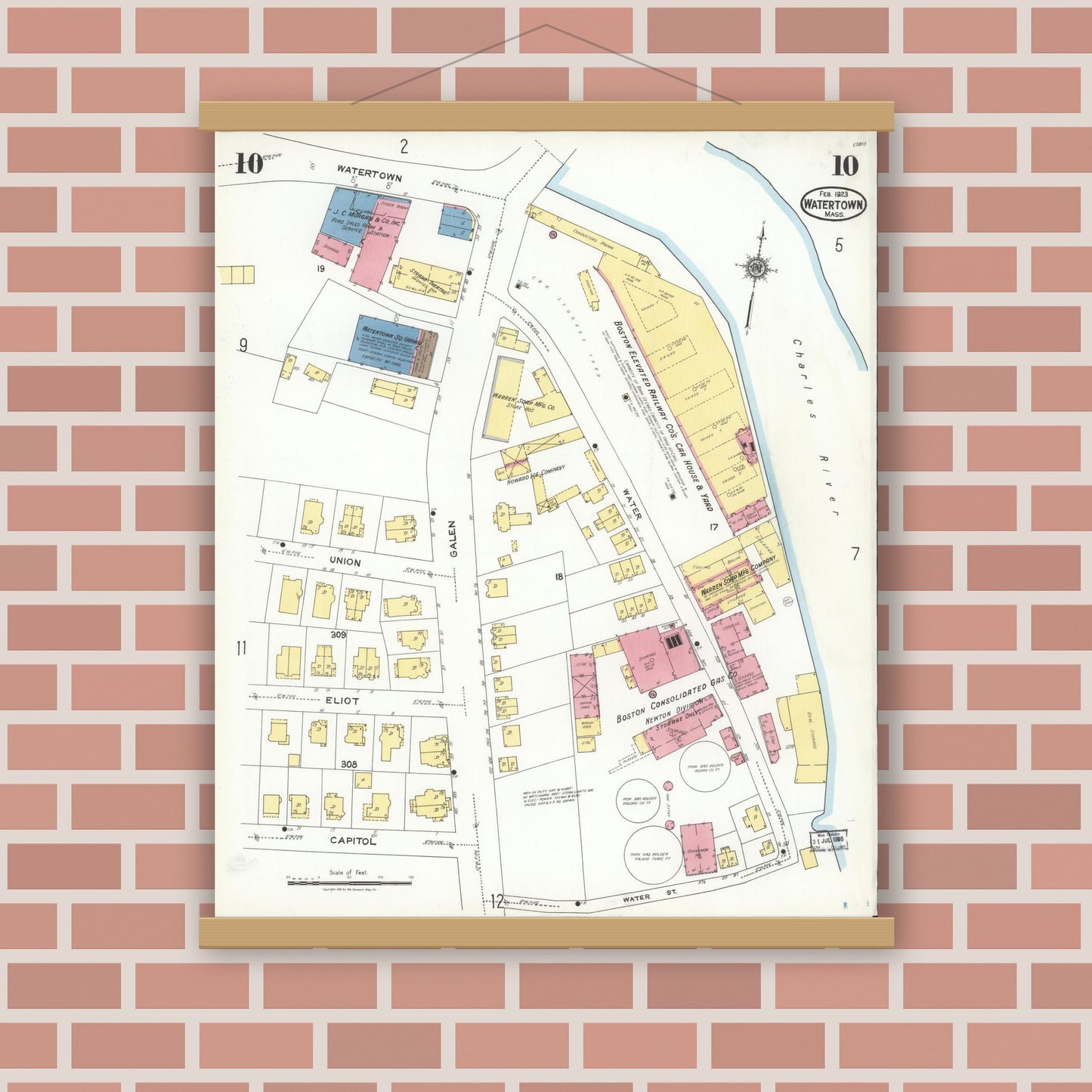 Old map wall art mockup — magnetic wood frame on brick wall — Sanborn Fire Insurance Map from Watertown, Middlesex County, Massachusetts (1923), Sheet #0010