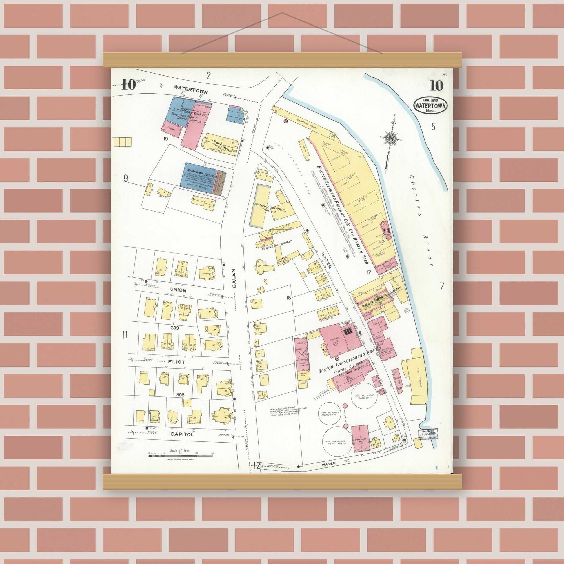 Old map wall art mockup — magnetic wood frame on brick wall — Sanborn Fire Insurance Map from Watertown, Middlesex County, Massachusetts (1923), Sheet #0010