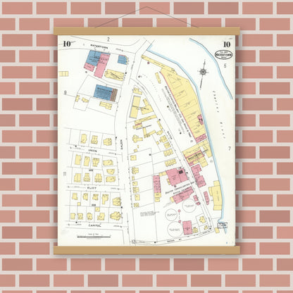Old map wall art mockup — magnetic wood frame on brick wall — Sanborn Fire Insurance Map from Watertown, Middlesex County, Massachusetts (1923), Sheet #0010