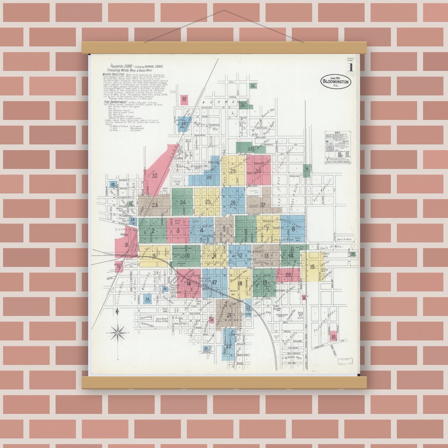 Old map wall art mockup — magnetic wood frame on brick wall — Sanborn Fire Insurance Map from Bloomington, McLean County, Illinois (1901), Sheet #0001