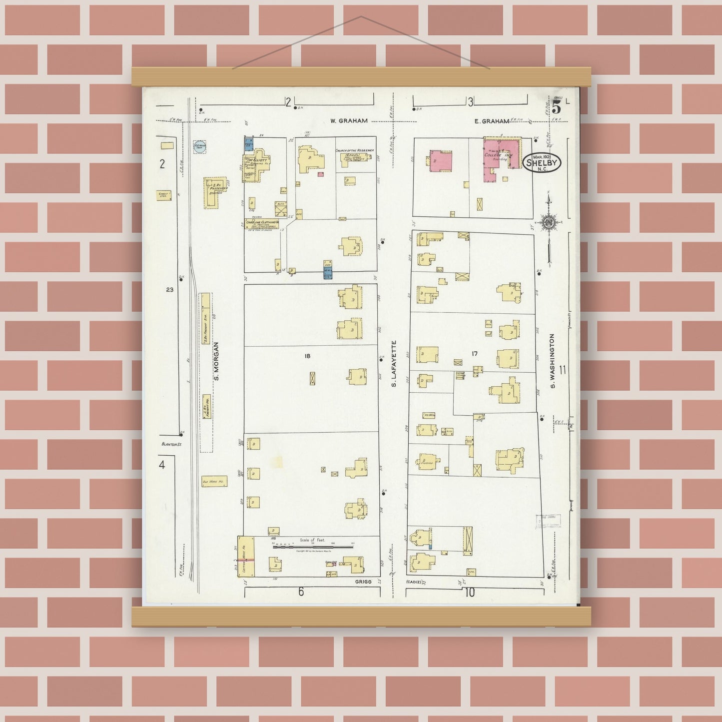 Old map wall art mockup — magnetic wood frame on brick wall — Sanborn Fire Insurance Map from Shelby, Cleveland County, North Carolina (1921), Sheet #0005