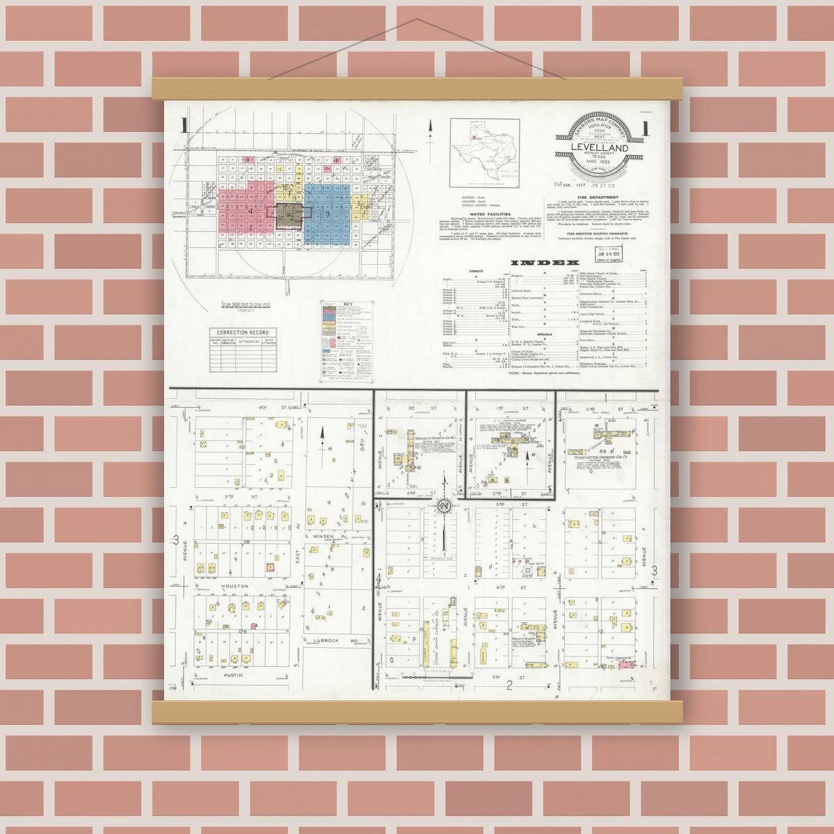Old map wall art mockup — magnetic wood frame on brick wall — Sanborn Fire Insurance Map from Levelland, Hockley County, Texas (1933) - Complete Map Set