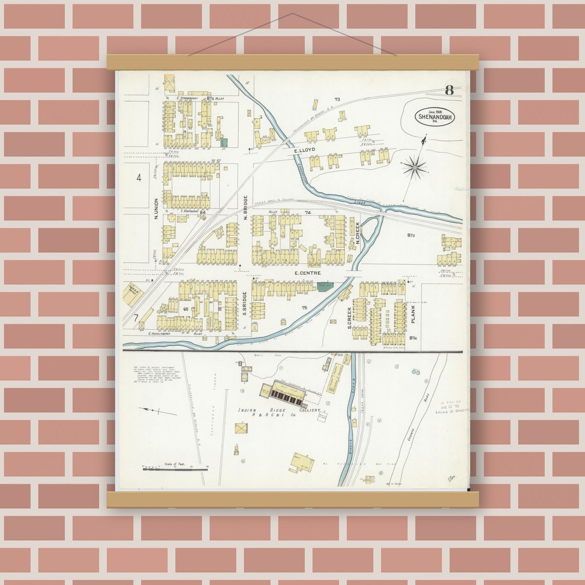 Old map wall art mockup — magnetic wood frame on brick wall — Sanborn Fire Insurance Map from Shenandoah, Schuylkill County, Pennsylvania (1908), Sheet #0008