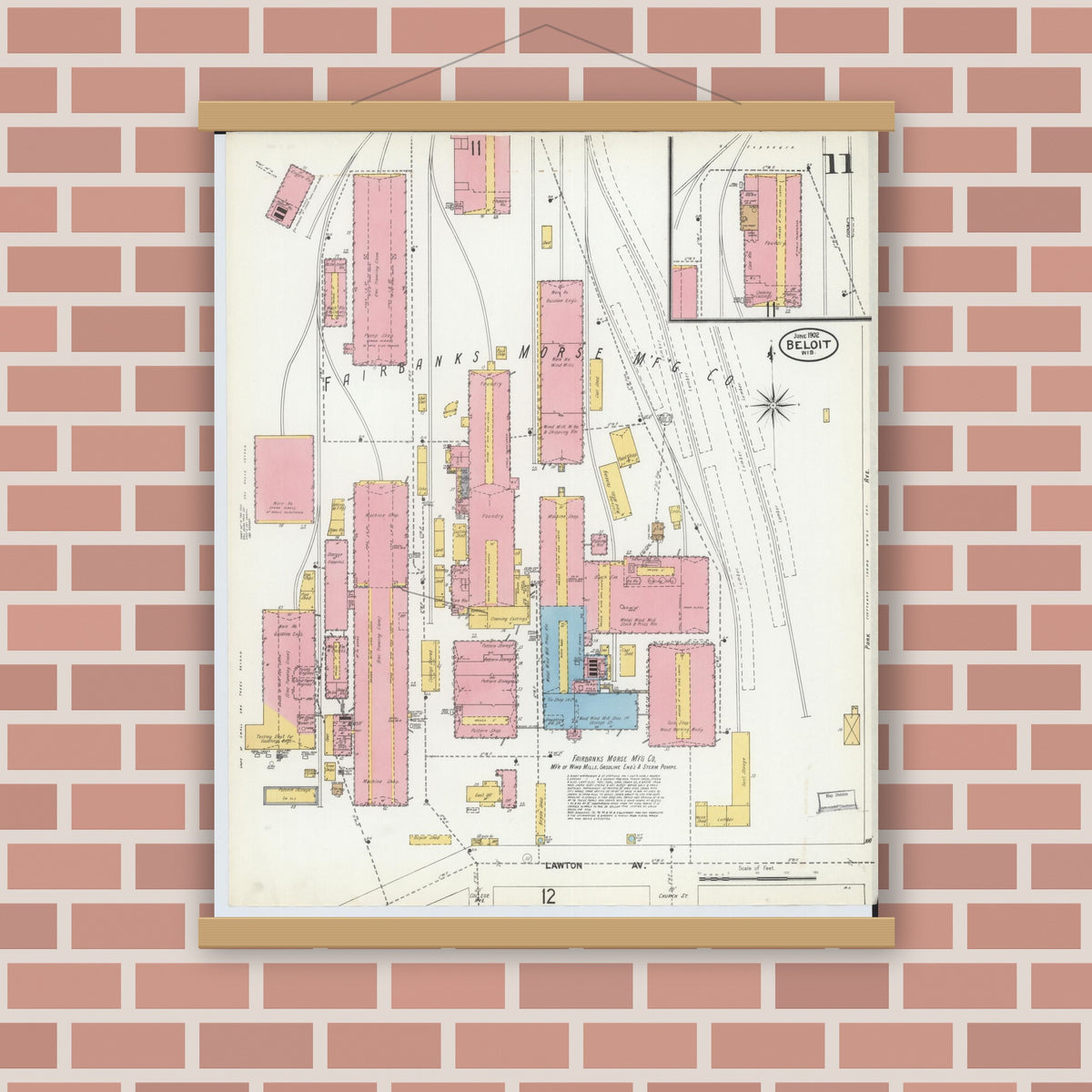 Old map wall art mockup — magnetic wood frame on brick wall — Sanborn Fire Insurance Map from Beloit, Rock County, Wisconsin (1902), Sheet #0011