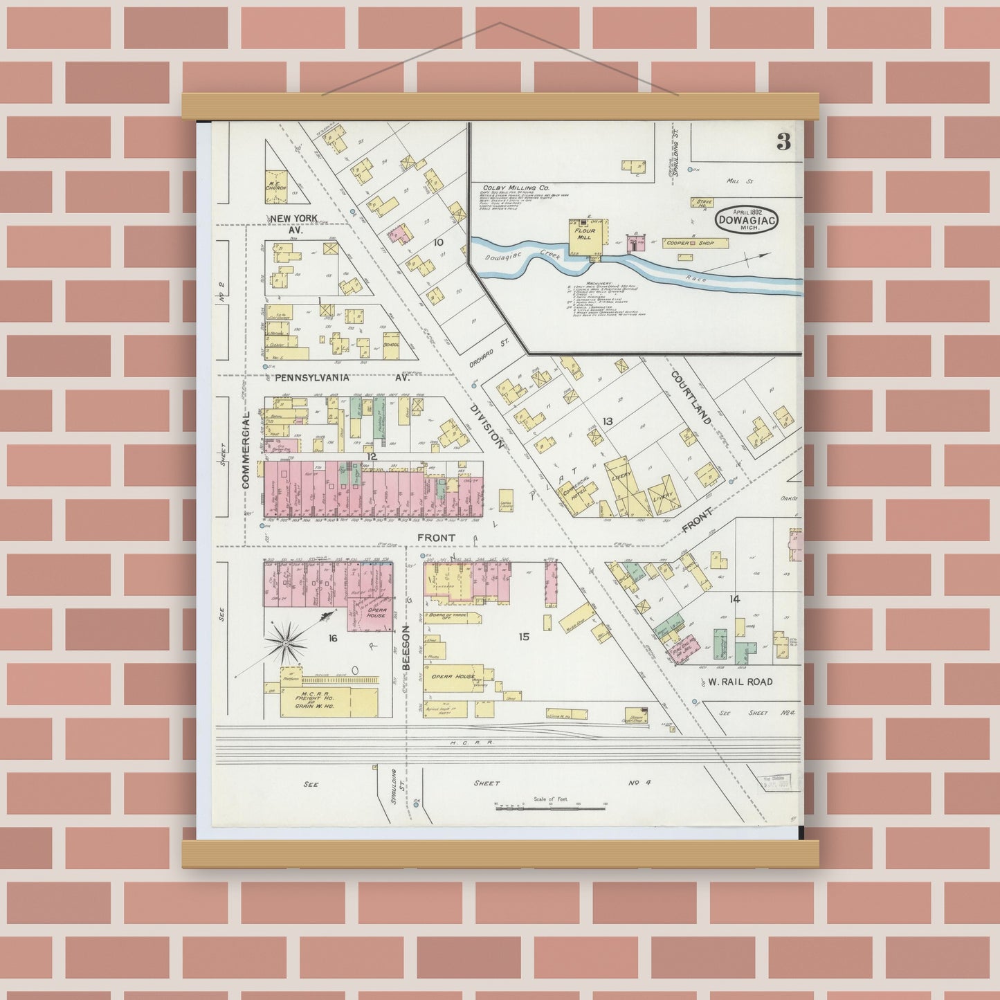 Old map wall art mockup — magnetic wood frame on brick wall — Sanborn Fire Insurance Map from Dowagiac, Cass County, Michigan (1892), Sheet #0003