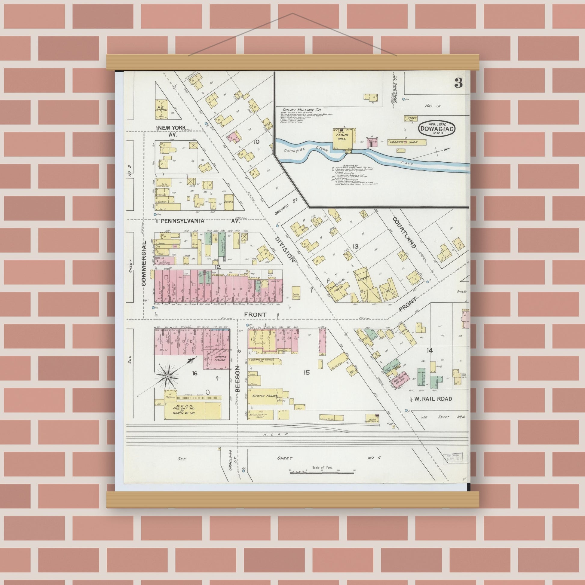 Old map wall art mockup — magnetic wood frame on brick wall — Sanborn Fire Insurance Map from Dowagiac, Cass County, Michigan (1892), Sheet #0003