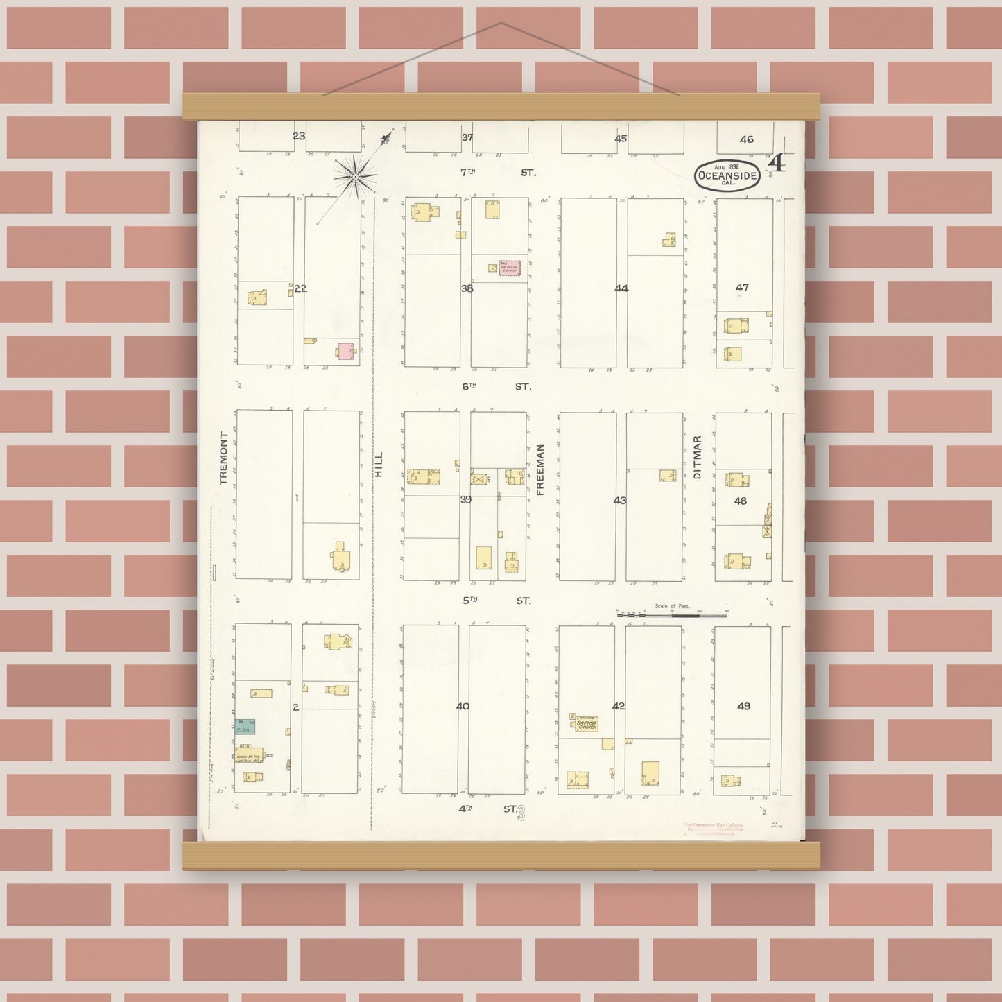 Old map wall art mockup — magnetic wood frame on brick wall — Sanborn Fire Insurance Map from Oceanside, San Diego County, California (1892), Sheet #0004