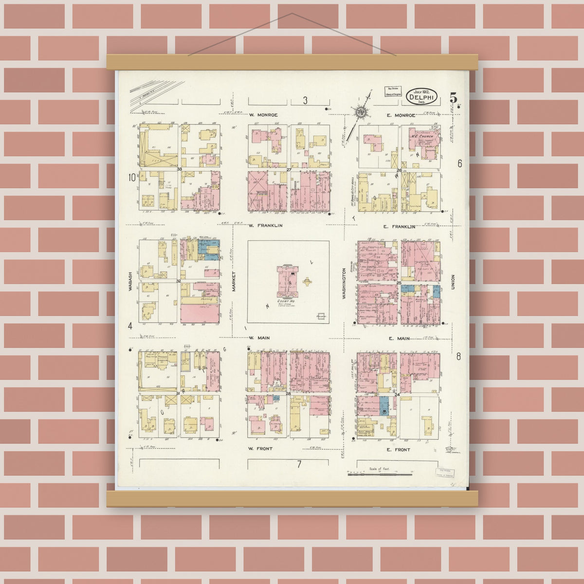 Old map wall art mockup — magnetic wood frame on brick wall — Sanborn Fire Insurance Map from Delphi, Carroll County, Indiana (1912), Sheet #0005