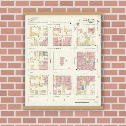 Old map wall art mockup — magnetic wood frame on brick wall — Sanborn Fire Insurance Map from Delphi, Carroll County, Indiana (1912), Sheet #0005