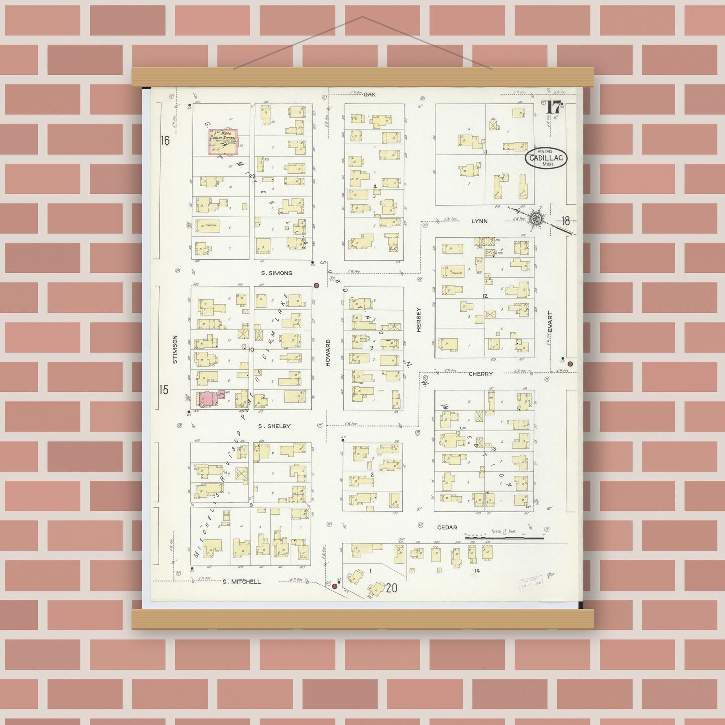 Old map wall art mockup — magnetic wood frame on brick wall — Sanborn Fire Insurance Map from Cadillac, Wexford County, Michigan (1914), Sheet #0017