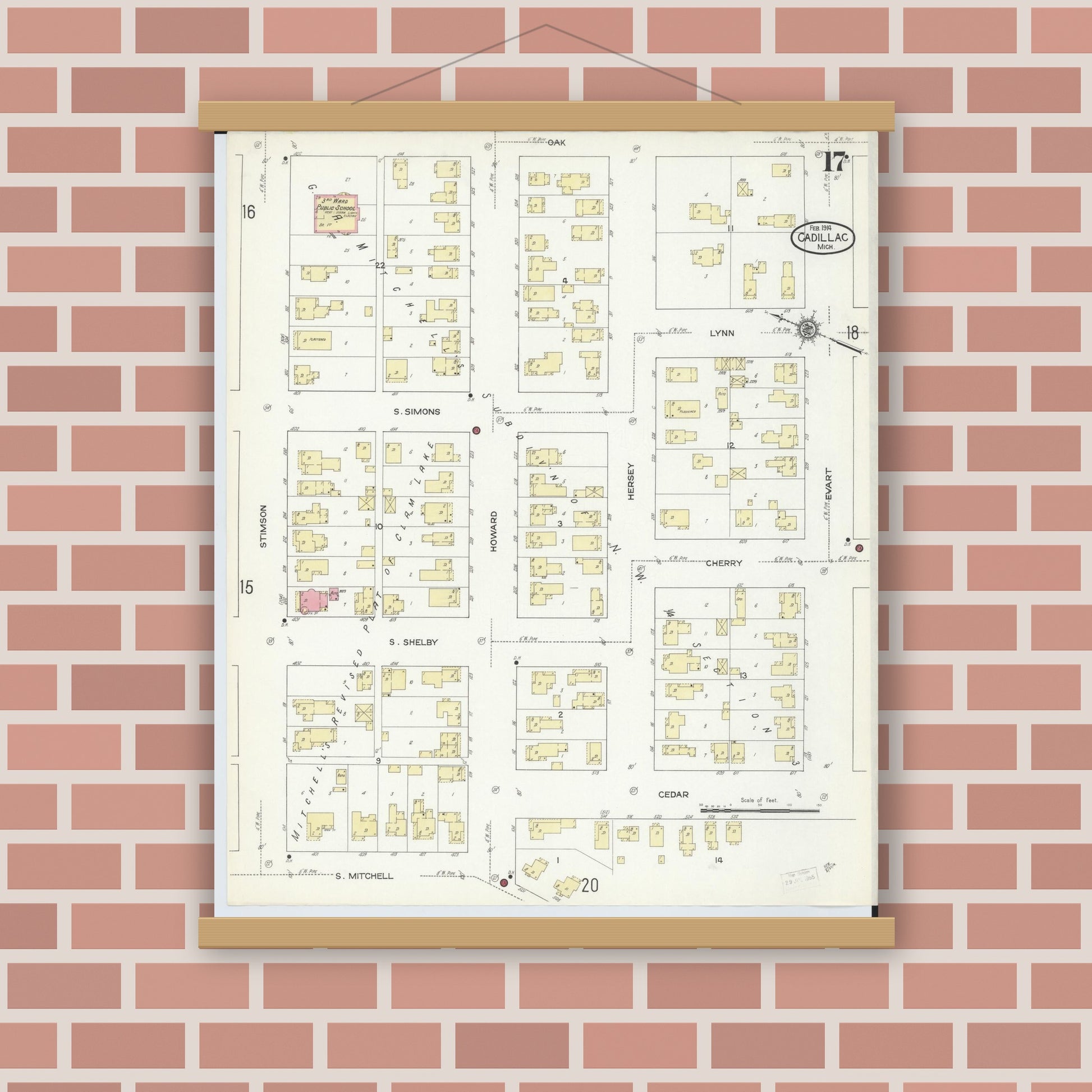 Old map wall art mockup — magnetic wood frame on brick wall — Sanborn Fire Insurance Map from Cadillac, Wexford County, Michigan (1914), Sheet #0017
