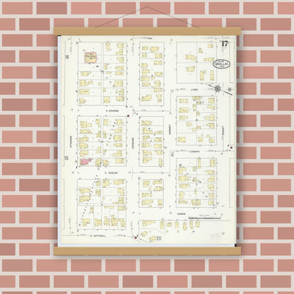 Old map wall art mockup — magnetic wood frame on brick wall — Sanborn Fire Insurance Map from Cadillac, Wexford County, Michigan (1914), Sheet #0017