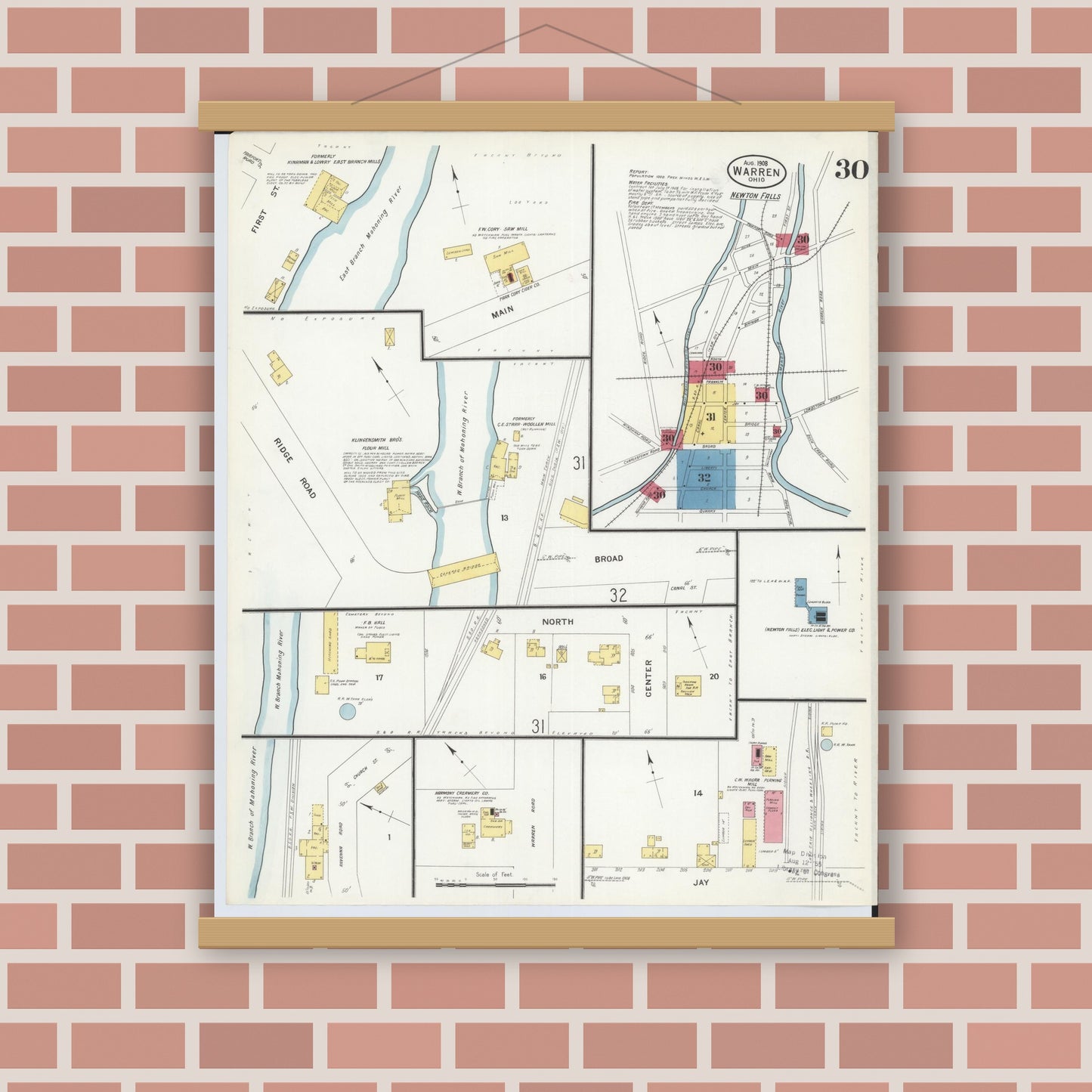 Old map wall art mockup — magnetic wood frame on brick wall — Sanborn Fire Insurance Map from Warren, Trumbull County, Ohio (1908), Sheet #0030