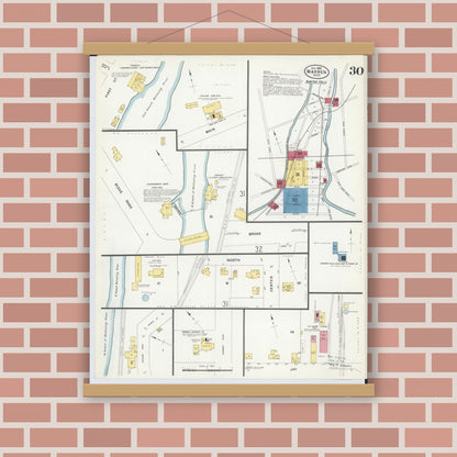 Old map wall art mockup — magnetic wood frame on brick wall — Sanborn Fire Insurance Map from Warren, Trumbull County, Ohio (1908), Sheet #0030