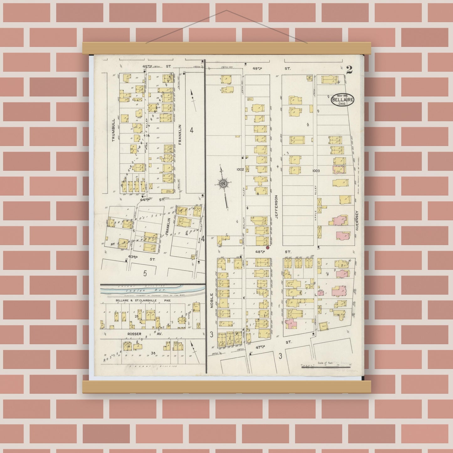 Old map wall art mockup — magnetic wood frame on brick wall — Sanborn Fire Insurance Map from Bellaire, Belmont County, Ohio (1915), Sheet #0002