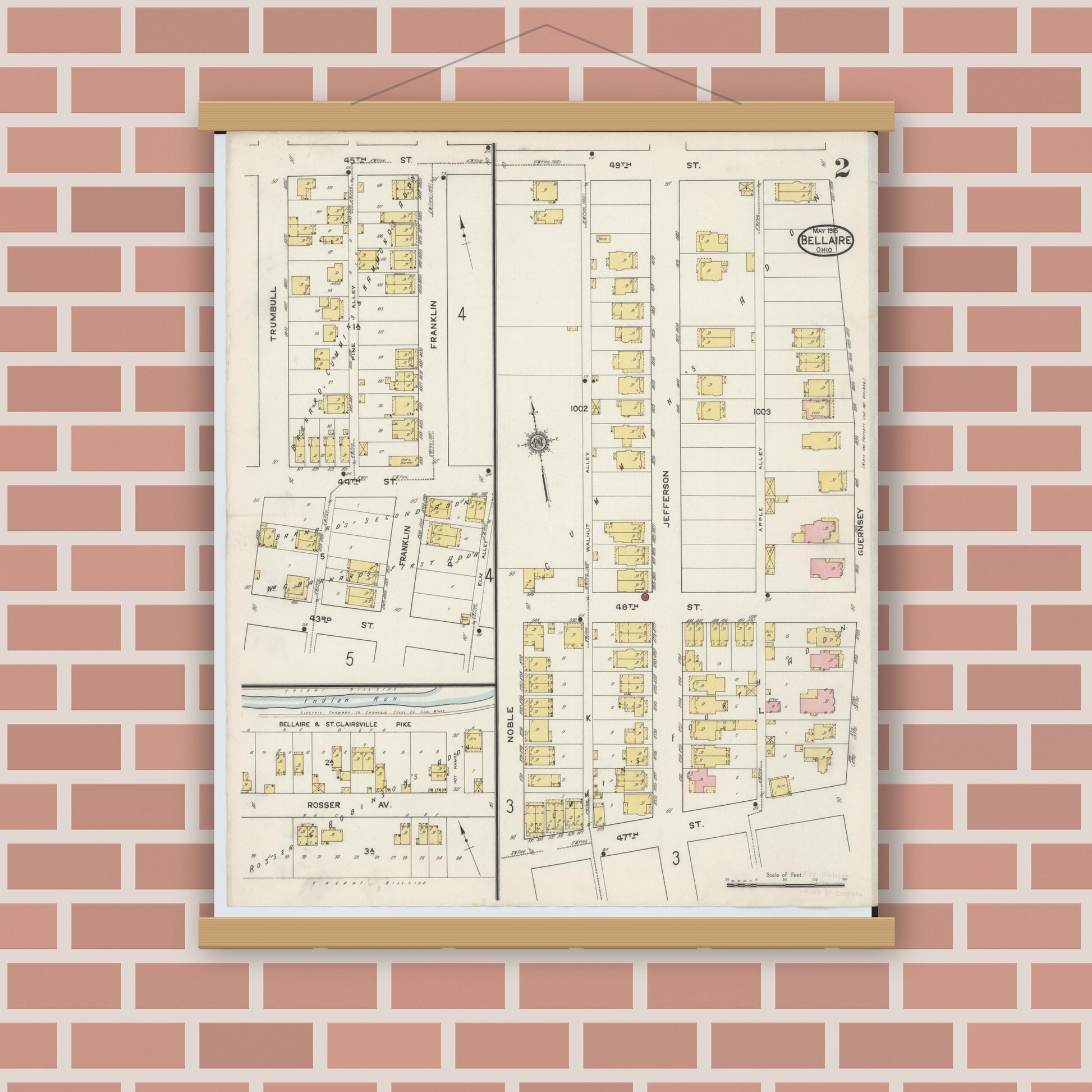 Old map wall art mockup — magnetic wood frame on brick wall — Sanborn Fire Insurance Map from Bellaire, Belmont County, Ohio (1915), Sheet #0002
