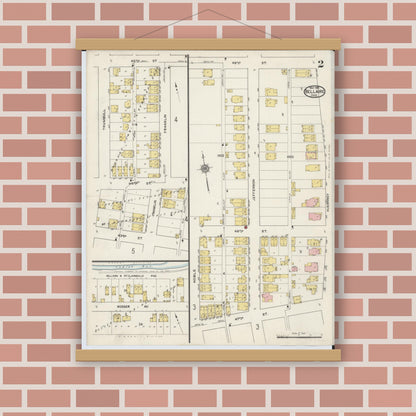Old map wall art mockup — magnetic wood frame on brick wall — Sanborn Fire Insurance Map from Bellaire, Belmont County, Ohio (1915), Sheet #0002