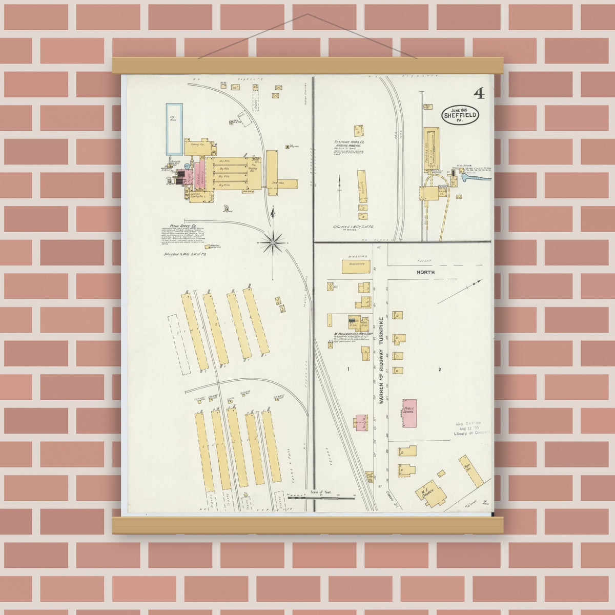 Old map wall art mockup — magnetic wood frame on brick wall — Sanborn Fire Insurance Map from Sheffield, Warren County, Pennsylvania (1905), Sheet #0004