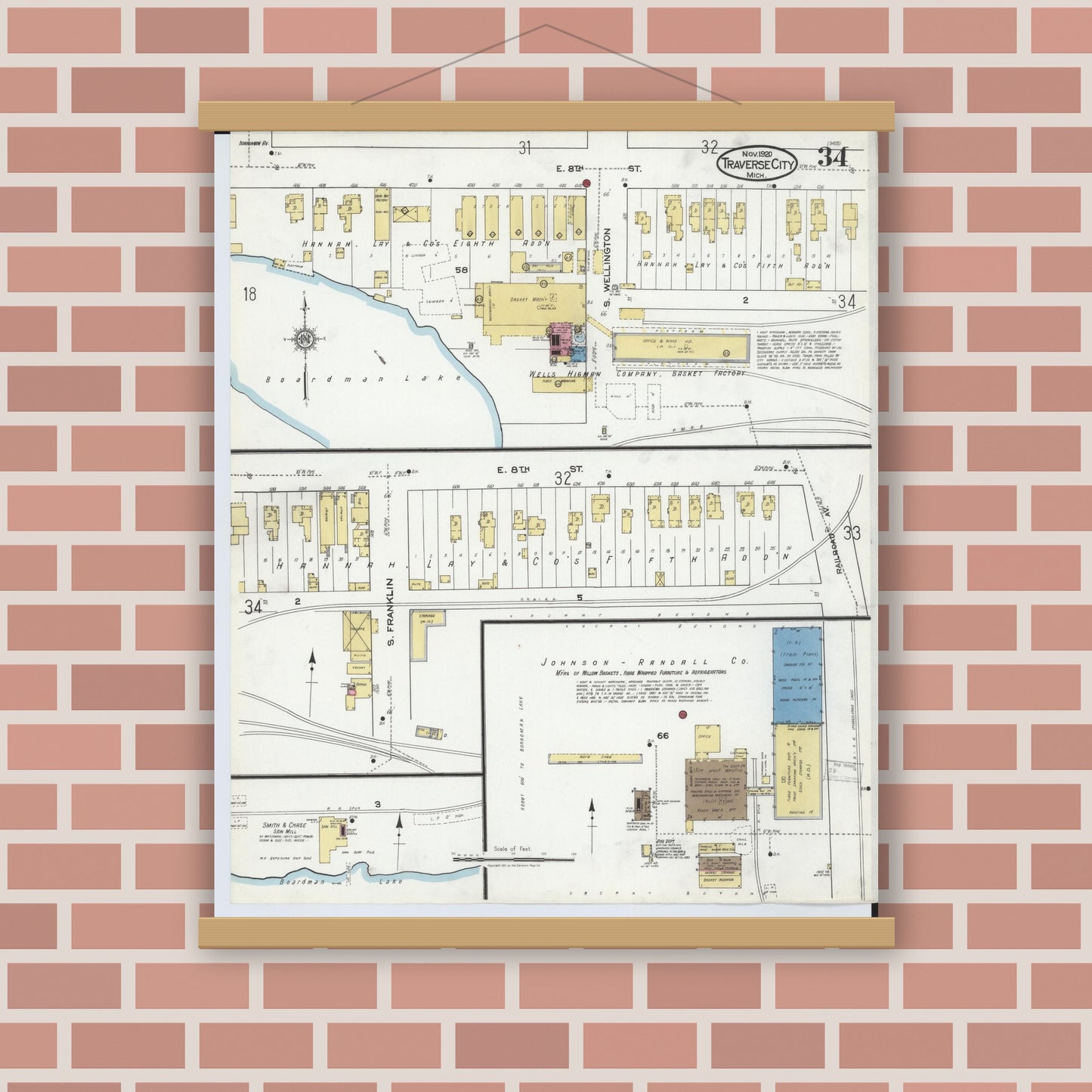 Old map wall art mockup — magnetic wood frame on brick wall — Sanborn Fire Insurance Map from Traverse City, Grand Traverse County, Michigan (1920), Sheet #0034