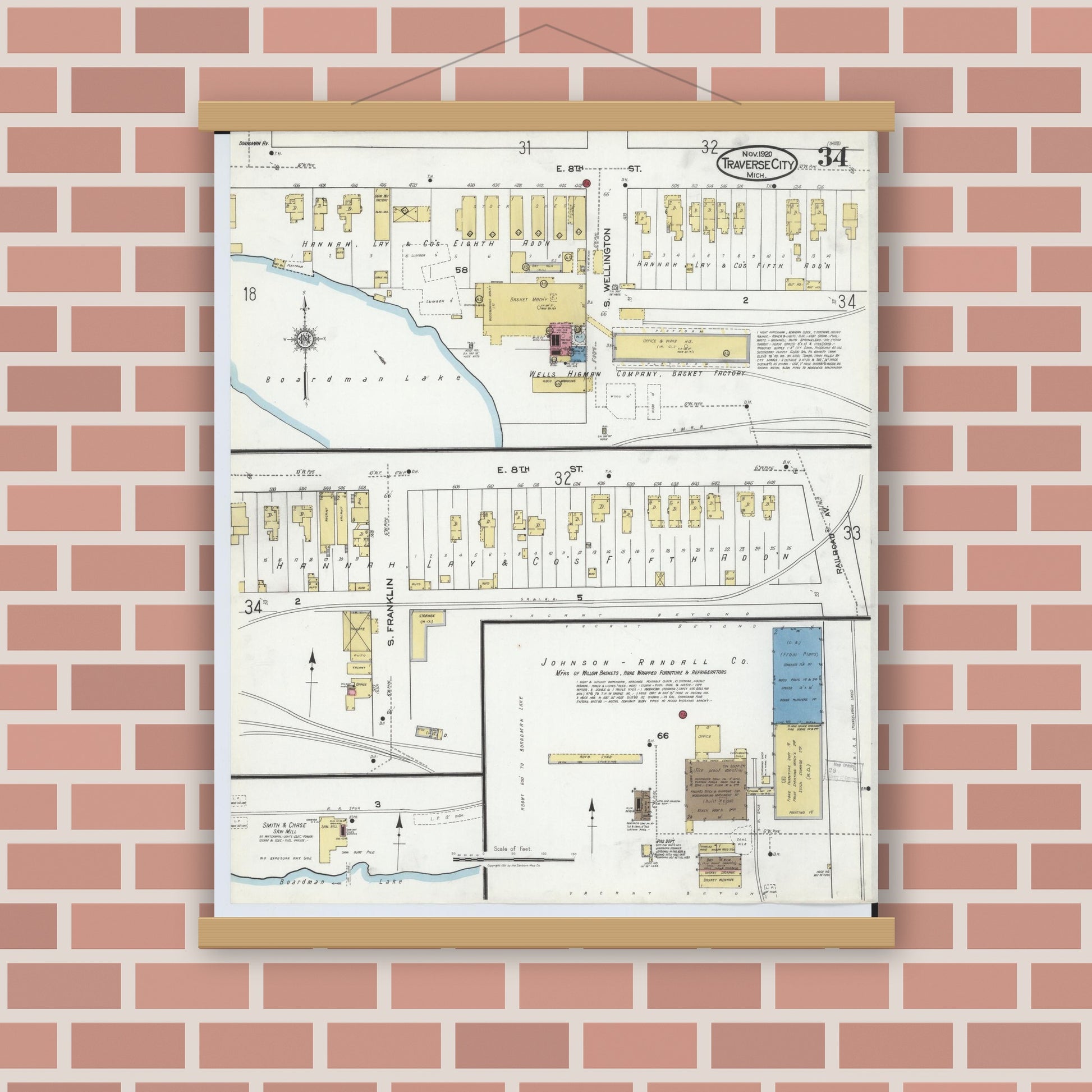 Old map wall art mockup — magnetic wood frame on brick wall — Sanborn Fire Insurance Map from Traverse City, Grand Traverse County, Michigan (1920), Sheet #0034