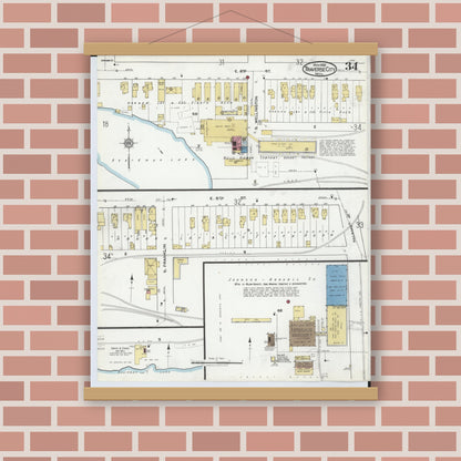 Old map wall art mockup — magnetic wood frame on brick wall — Sanborn Fire Insurance Map from Traverse City, Grand Traverse County, Michigan (1920), Sheet #0034