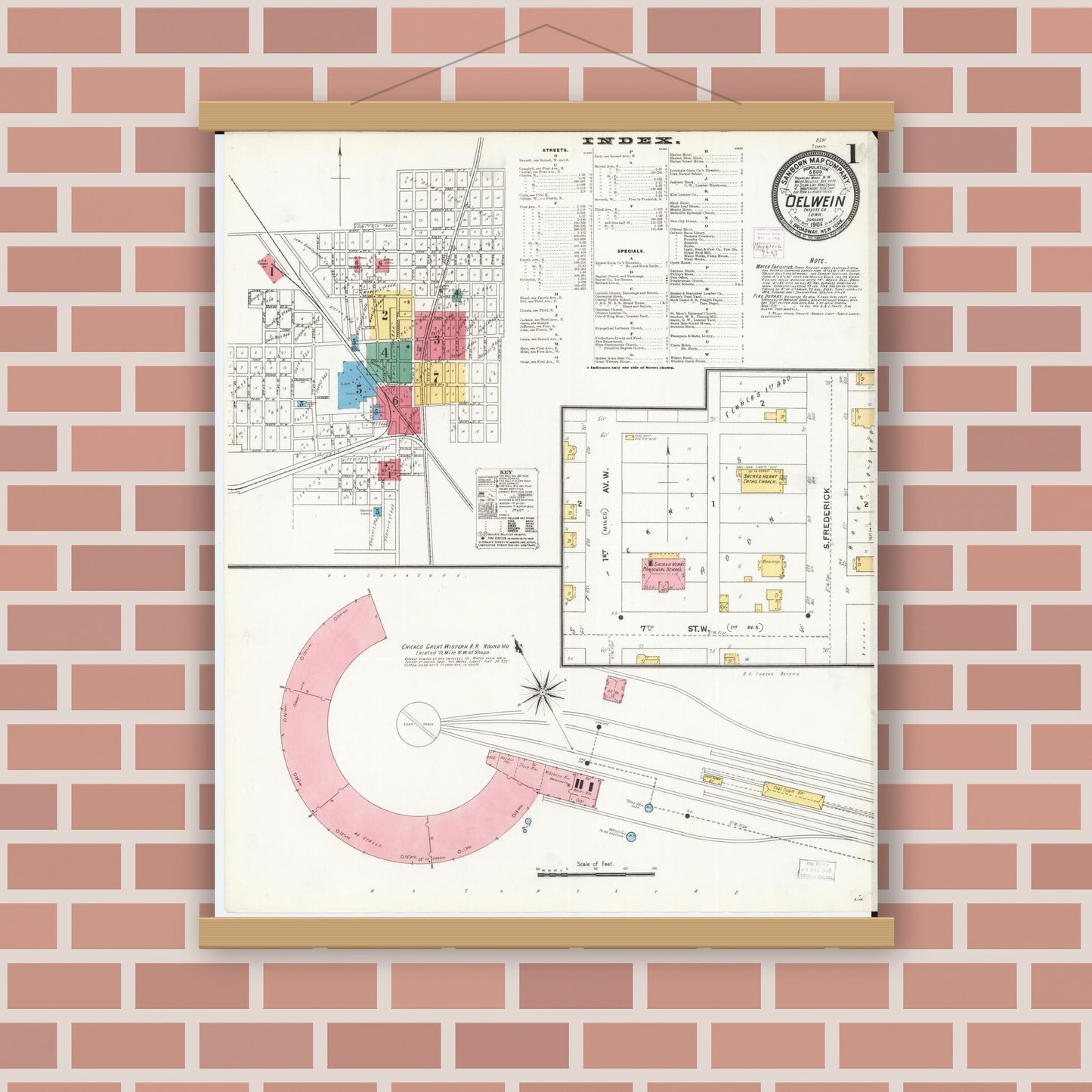 Old map wall art mockup — magnetic wood frame on brick wall — Sanborn Fire Insurance Map from Oelwein, Fayette County, Iowa (1906) â€” Complete Set