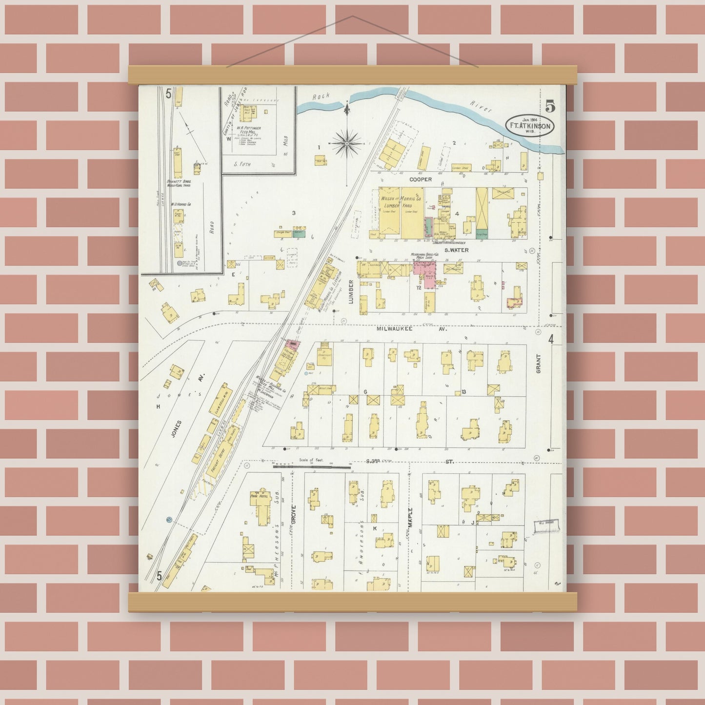 Old map wall art mockup — magnetic wood frame on brick wall — Sanborn Fire Insurance Map from Fort Atkinson, Jefferson County, Wisconsin (1904), Sheet #0005