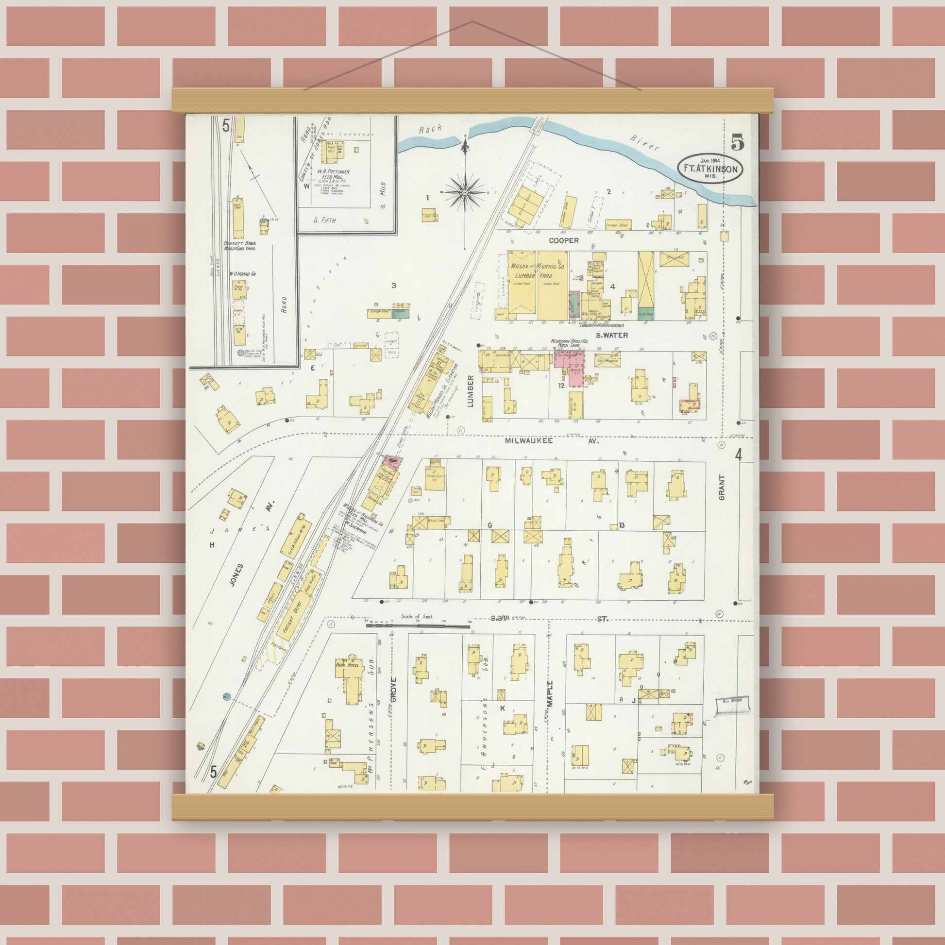 Old map wall art mockup — magnetic wood frame on brick wall — Sanborn Fire Insurance Map from Fort Atkinson, Jefferson County, Wisconsin (1904), Sheet #0005