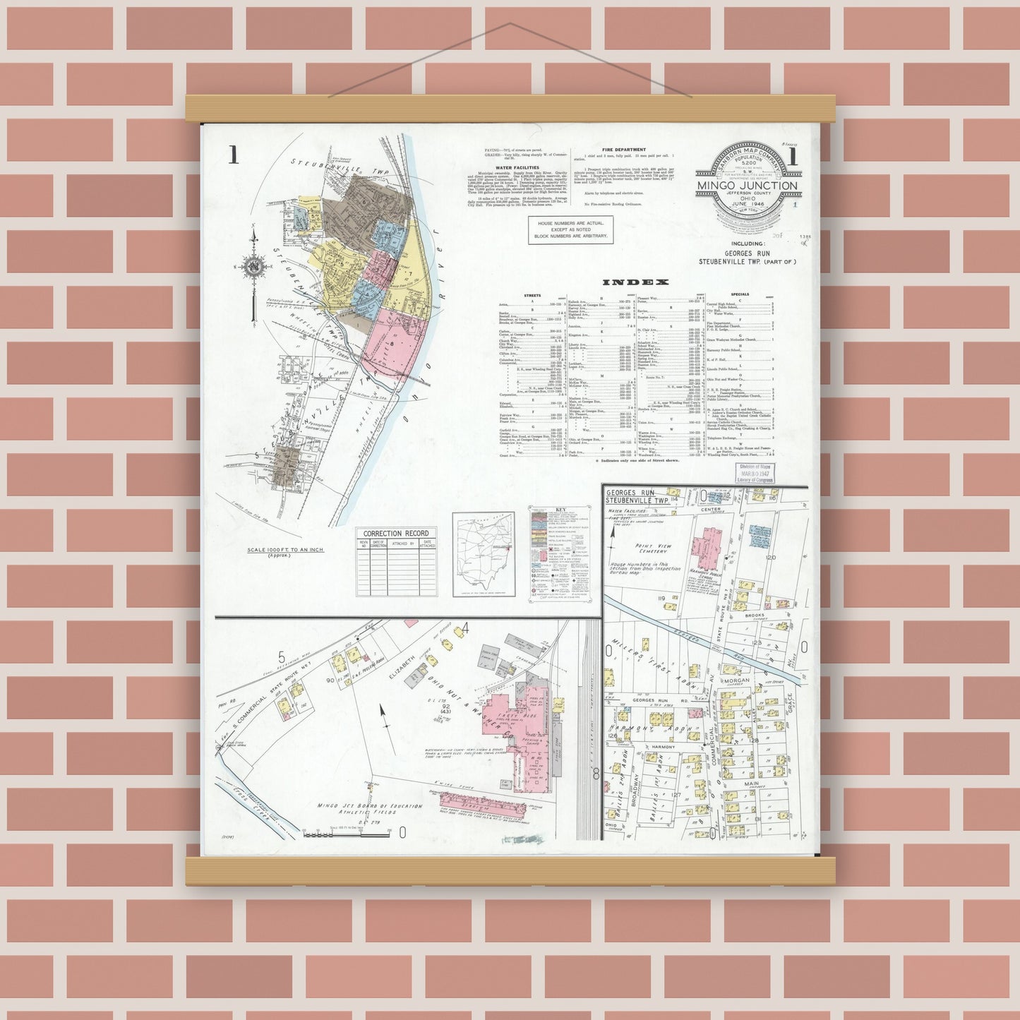 Old map wall art mockup — magnetic wood frame on brick wall — Sanborn Fire Insurance Map from Mingo Junction, Jefferson County, Ohio (1946) - Complete Map Set