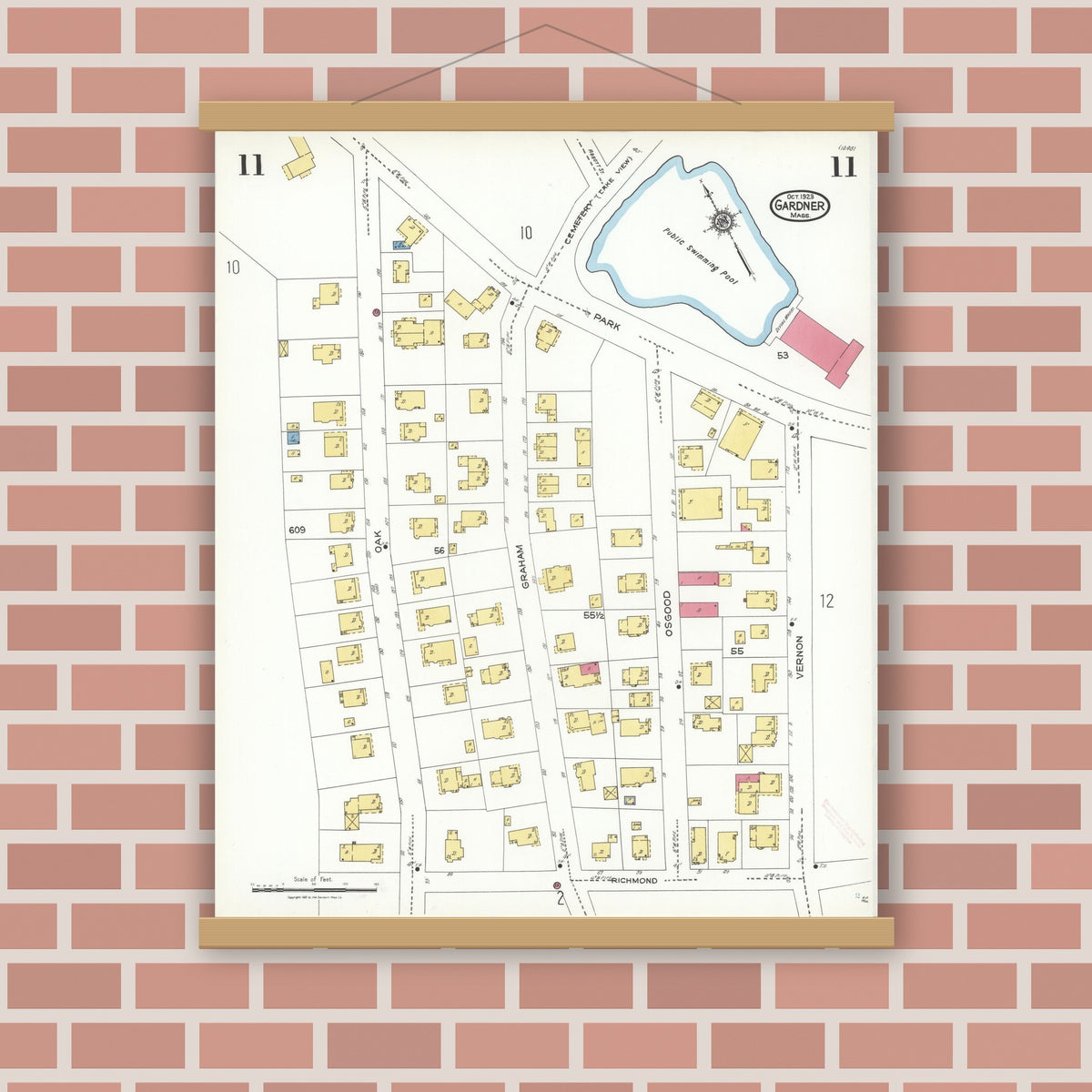 Old map wall art mockup — magnetic wood frame on brick wall — Sanborn Fire Insurance Map from Gardner, Worcester County, Massachusetts (1923), Sheet #0011