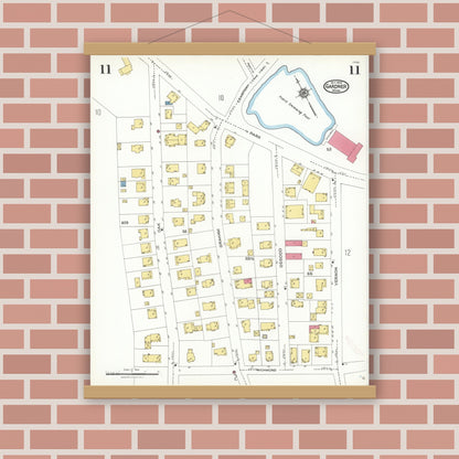 Old map wall art mockup — magnetic wood frame on brick wall — Sanborn Fire Insurance Map from Gardner, Worcester County, Massachusetts (1923), Sheet #0011