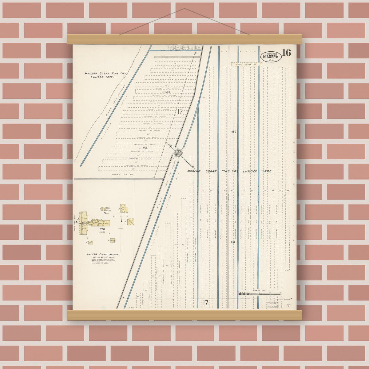 Old map wall art mockup — magnetic wood frame on brick wall — Sanborn Fire Insurance Map from Madera, Madera County, California (1912), Sheet #0016