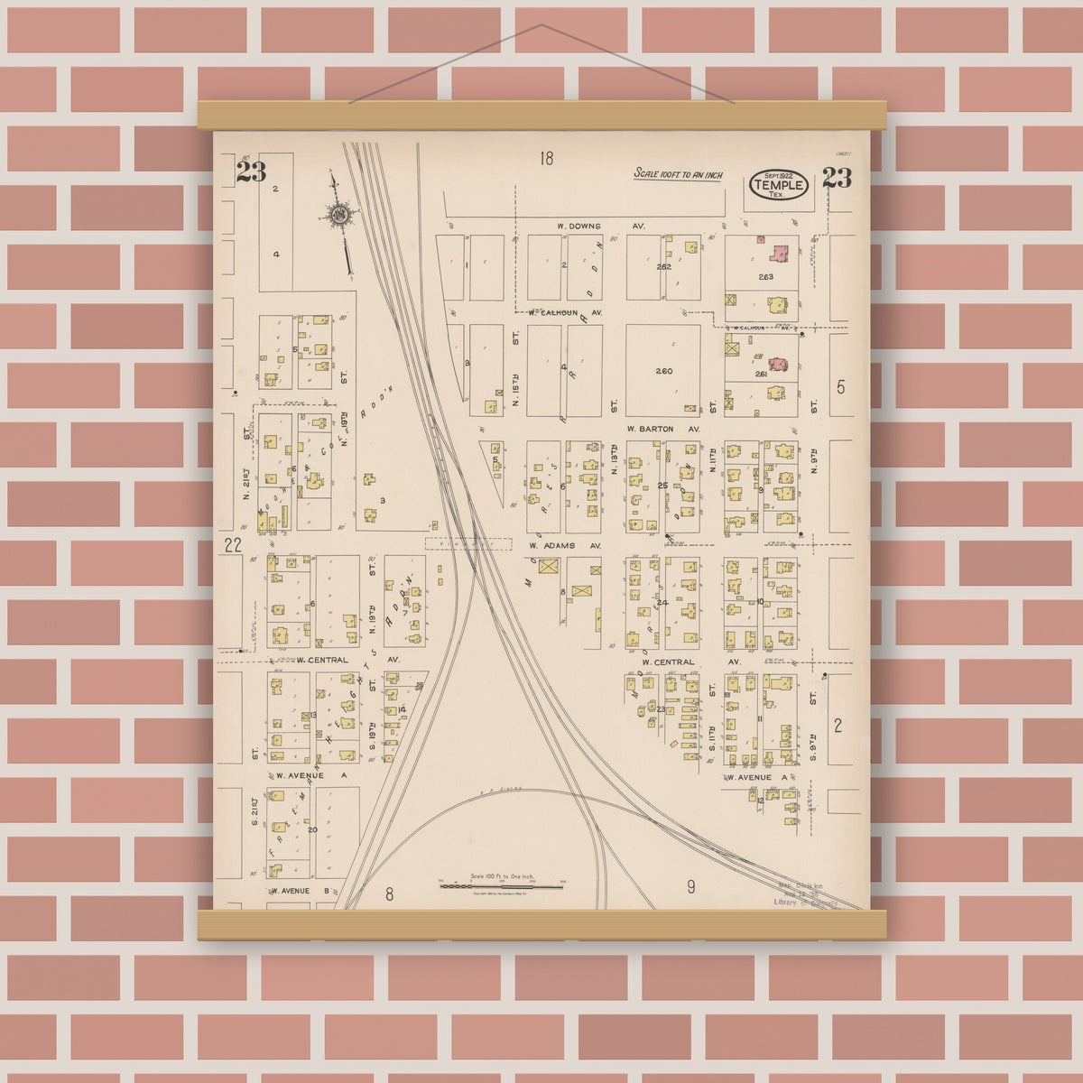 Old map wall art mockup — magnetic wood frame on brick wall — Sanborn Fire Insurance Map from Temple, Bell County, Texas (1922), Sheet #0023
