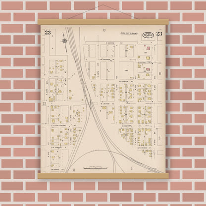 Old map wall art mockup — magnetic wood frame on brick wall — Sanborn Fire Insurance Map from Temple, Bell County, Texas (1922), Sheet #0023