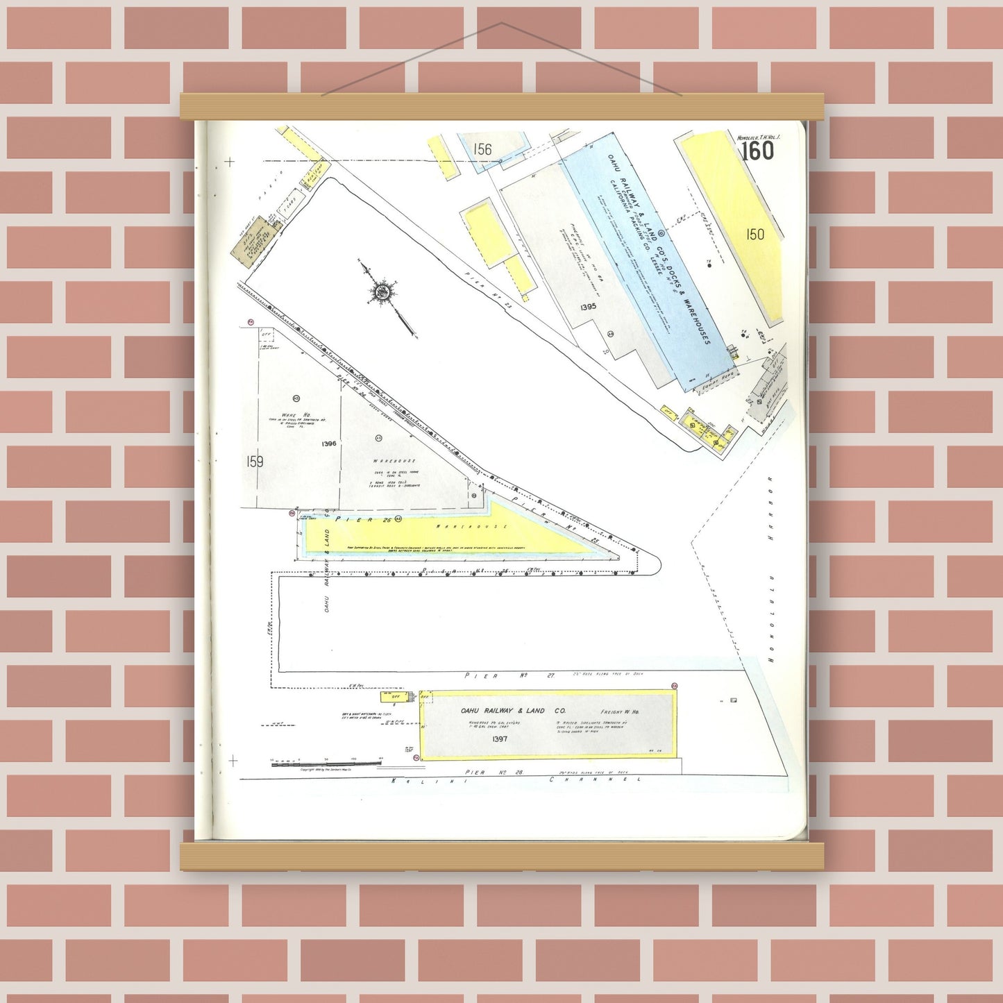 Old map wall art mockup — magnetic wood frame on brick wall — Sanborn Fire Insurance Map from Honolulu, Oahu County, Hawaii (1955), Sheet #0160