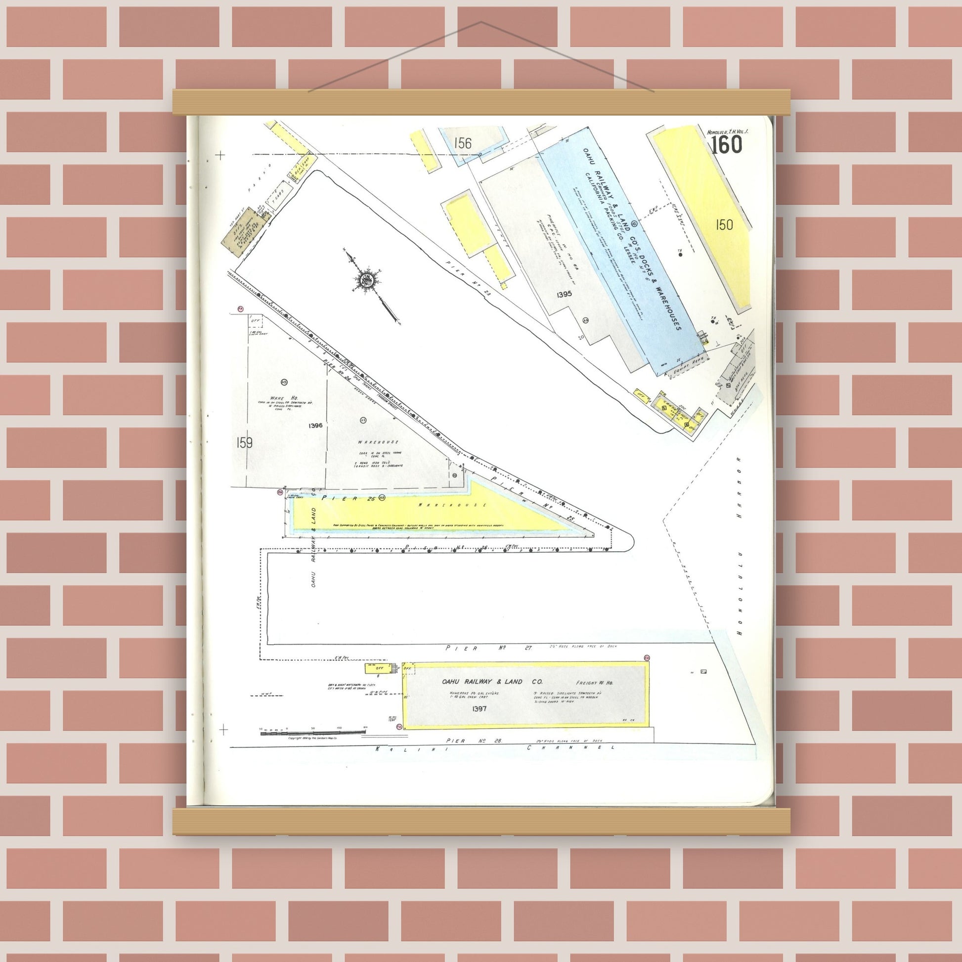 Old map wall art mockup — magnetic wood frame on brick wall — Sanborn Fire Insurance Map from Honolulu, Oahu County, Hawaii (1955), Sheet #0160