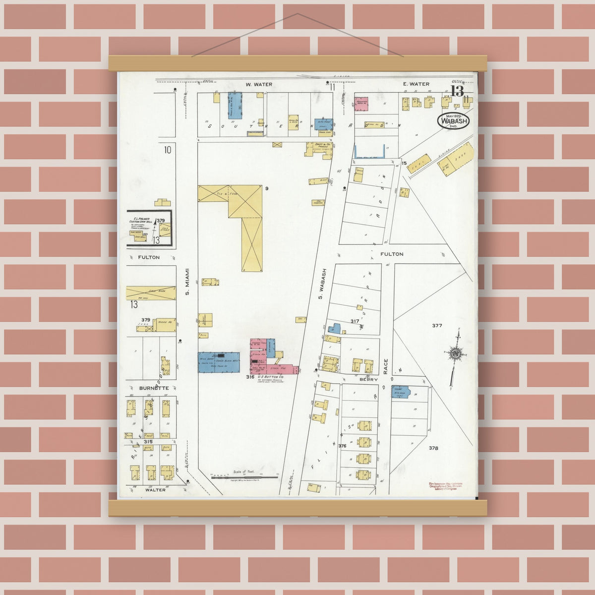 Old map wall art mockup — magnetic wood frame on brick wall — Sanborn Fire Insurance Map from Wabash, Wabash County, Indiana (1920), Sheet #0013