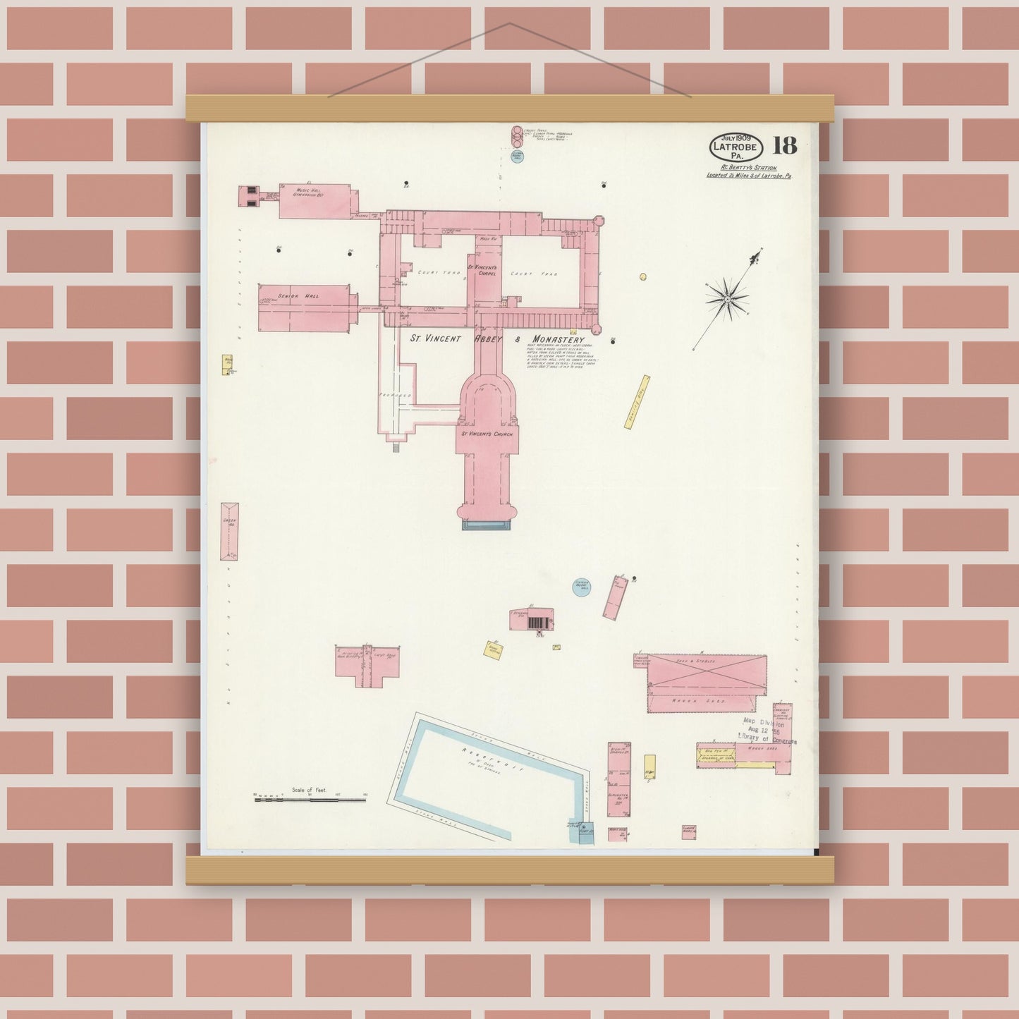 Old map wall art mockup — magnetic wood frame on brick wall — Sanborn Fire Insurance Map from Latrobe, Westmoreland County, Pennsylvania (1909), Sheet #0018