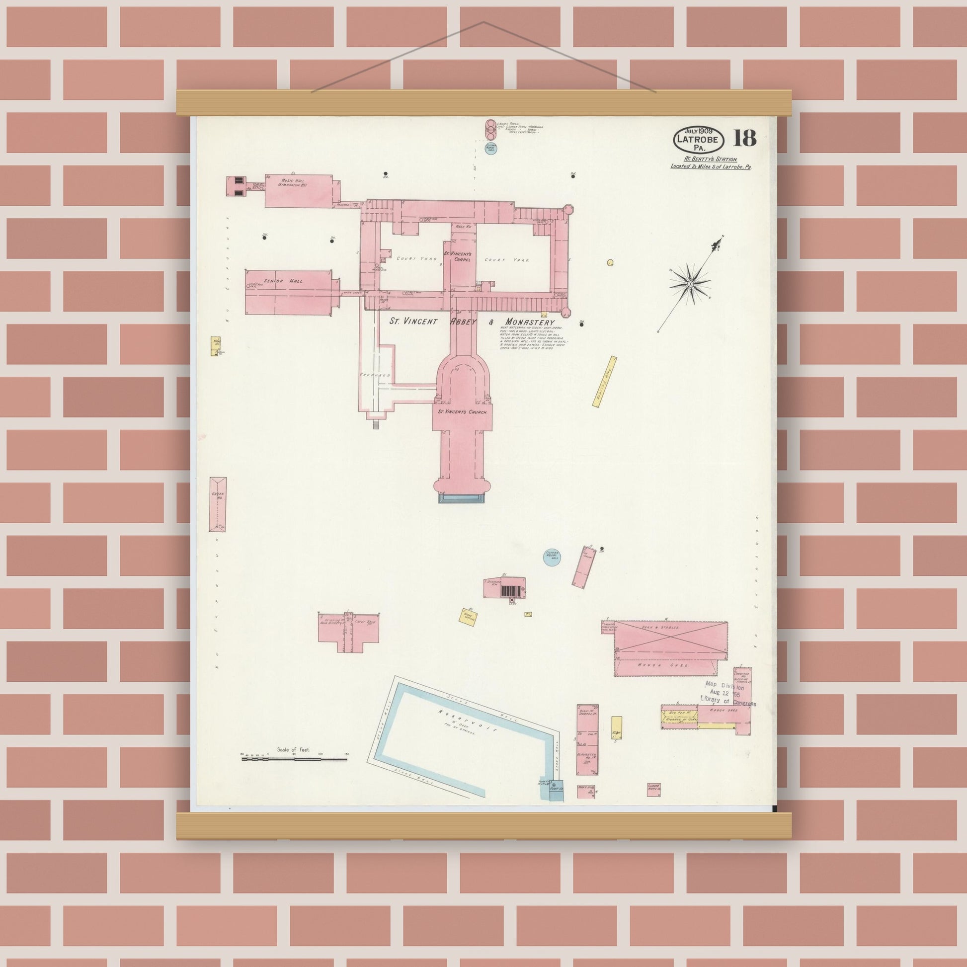 Old map wall art mockup — magnetic wood frame on brick wall — Sanborn Fire Insurance Map from Latrobe, Westmoreland County, Pennsylvania (1909), Sheet #0018