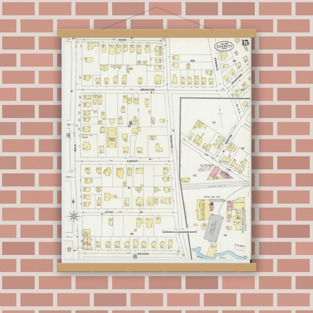 Old map wall art mockup — magnetic wood frame on brick wall — Sanborn Fire Insurance Map from Everett, Middlesex County, Massachusetts (1897), Sheet #0015