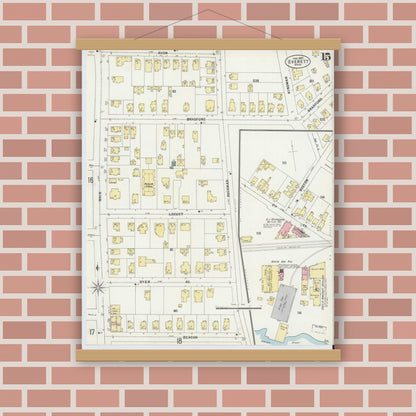 Old map wall art mockup — magnetic wood frame on brick wall — Sanborn Fire Insurance Map from Everett, Middlesex County, Massachusetts (1897), Sheet #0015